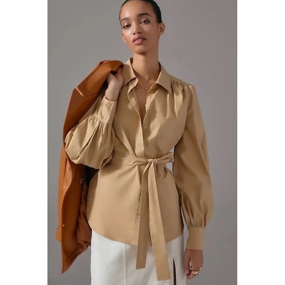 Anthropologie Tops - Mare Mare x Anthropologie Tie Waist Khaki Poplin Long Sleeve Blouse - XL